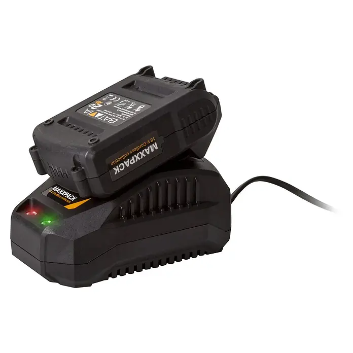 Batavia Maxxpack Cargador de baterías - 18 V, Específico para: Herramientas de batería Batavia - La imagen muestra un cargador de batería Maxxpack 18V con una batería de 20V insertada. Los indicadores de estado de carga son rojo y verde.