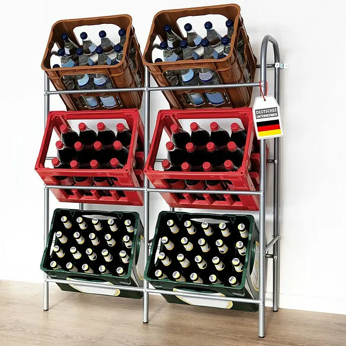 Floordirekt Getränkekistenregal Rocket - H x B x T: 115,5 x 96 x 32,5 cm, Traglast pro Boden: 17 kg, Anzahl Böden: 3 Stk., Stecken, Schwarz - Getränkeregal mit Kästen voller Wasserflaschen, Cola und Bier. Praktische und platzsparende Aufbewahrung für Getränke.