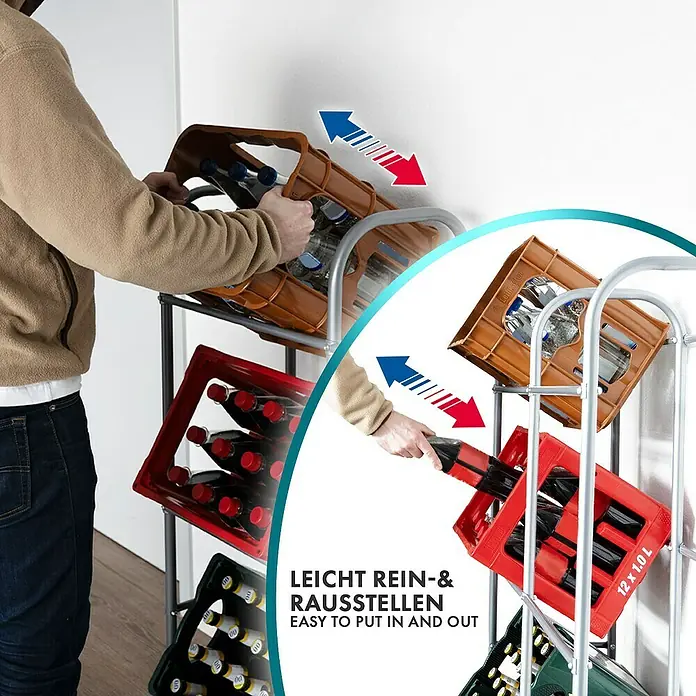 Floordirekt Getränkekistenregal Rocket - H x B x T: 115,5 x 49,5 x 32,5 cm, Traglast pro Boden: 17 kg, Anzahl Böden: 3 Stk., Stecken, Schwarz - Das Bild zeigt einen Getränkekistenwagen, der das einfache Ein- und Ausräumen von Getränkekisten ermöglicht und die Organisation erleichtert.