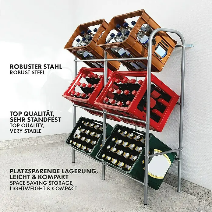 Floordirekt Getränkekistenregal Rocket - H x B x T: 115,5 x 96 x 32,5 cm, Traglast pro Boden: 17 kg, Anzahl Böden: 3 Stk., Stecken, Schwarz - Lagerregal aus robustem Stahl für Getränkekisten. Platzsparend, leicht und kompakt, sehr stabil und von Top Qualität.