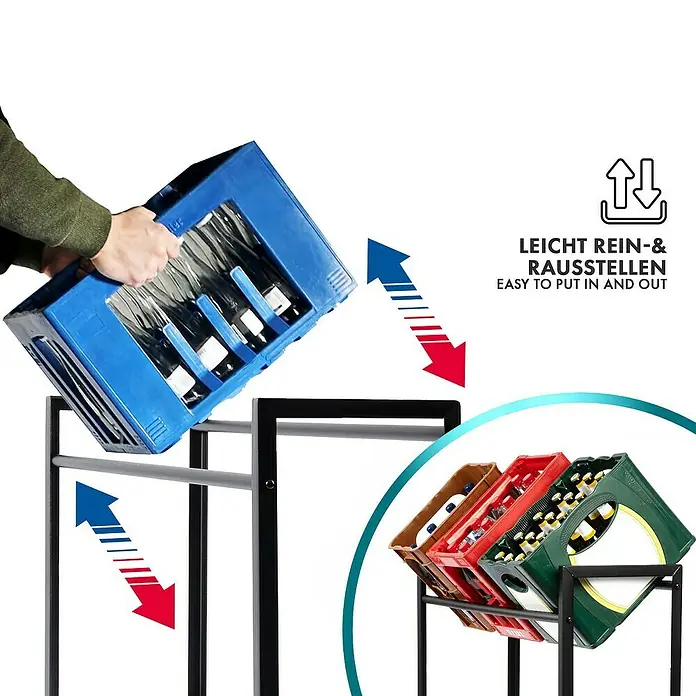 Floordirekt Getränkekistenregal Kenji - H x B x T: 79 x 70 x 32 cm, Traglast pro Boden: 150 kg, Anzahl Böden: 2 Stk., Stecken, Schwarz - Das Bild zeigt ein Getränkekistenregal, das das Rein- und Rausstellen von Getränkekisten erleichtert.