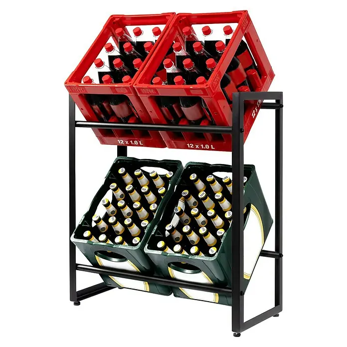 Floordirekt Getränkekistenregal Kenji - H x B x T: 79 x 70 x 32 cm, Traglast pro Boden: 150 kg, Anzahl Böden: 2 Stk., Stecken, Schwarz - Ein zweistöckiges Regal mit roten und grünen Getränkekisten, gefüllt mit Flaschen, bietet eine praktische Aufbewahrungslösung.
