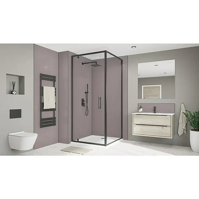 Wetwall Wandpaneel Alloy - 60 x 244 cm, Deep Blue Sea / Smoked Rose - Modernes Badezimmer-Interieur mit begehbarer Dusche, Waschtisch und Toilette, die ein stilvolles und funktionales Design vereinen.