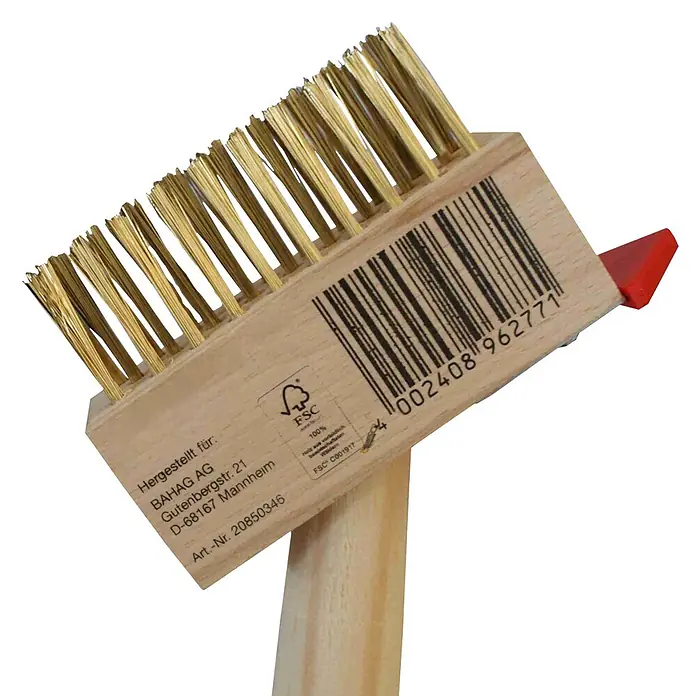 Gardol Fugenbürste - Arbeitsbreite: 14 cm, Material Borsten: Stahldraht - Detailaufnahme einer Gardol Drahtbürste mit Holzgriff und FSC-Zertifizierung, ideal für Reinigungsarbeiten.