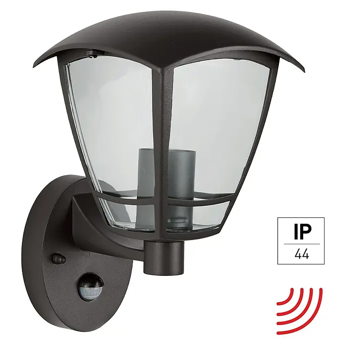 E2 elektro Außenwandleuchte Navi - 15 W, 20,5 x 17 x 26,3 cm, Anthrazit, IP44 - Schwarze Außenwandleuchte mit Bewegungsmelder und klarer Glasabdeckung für den Außenbereich. Schutzart IP44.