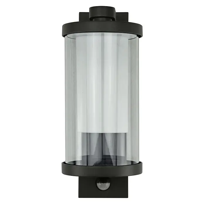 E2 elektro Außenwandleuchte Mira - 15 W, 11,8 x 29 x 15,9 cm, Anthrazit, IP44, Bewegungsmelder - Eine moderne Außenwandleuchte mit zylindrischem Glasschirm und schwarzem Metallrahmen für stilvolle Beleuchtung im Außenbereich.