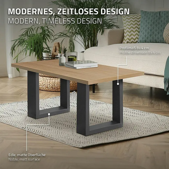 ECD Germany Tischgestell Bankkufen modernes Industriedesign Möbelfüße aus Metall - L x B x H: 8 x 30 x 43 cm, Stahl - Modernes Design: Der Couchtisch mit Holzplatte und schwarzen Metallbeinen ist ein echter Hingucker.