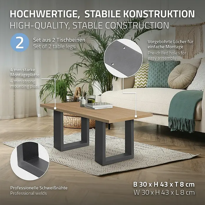 ECD Germany Tischgestell Bankkufen modernes Industriedesign Möbelfüße aus Metall - L x B x H: 8 x 30 x 43 cm, Stahl - Bild einer modernen Holzplatte mit stabilen Tischbeinen aus Metall, die für eine hochwertige und stabile Konstruktion sorgen.