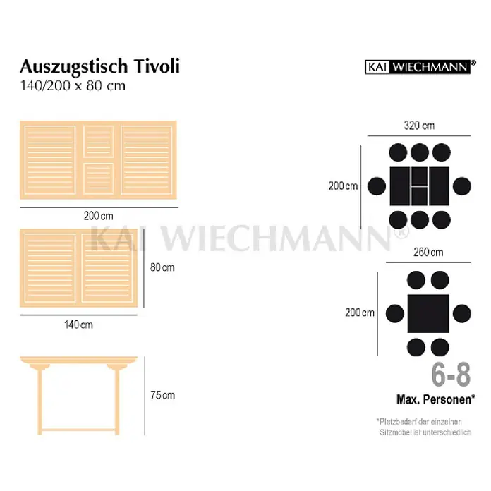 Kai Wiechmann Gartentisch - L x B x H: 140 x 80 x 75 cm, Teak, Rechteckig, Naturbelassen - Ausziehtisch Tivoli, variabel in der Größe 140/200 x 80 cm, bietet Platz für 6-8 Personen. Ideal für flexible Raumnutzung.