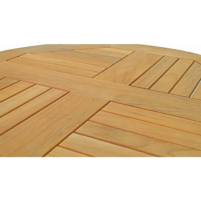 Kai Wiechmann Gartentisch - Ø x H: 70 x 75 cm, Teakholz, Rund, Naturbelassen - Nahaufnahme einer runden Holztischplatte mit einem attraktiven, parkettartigen Design. Die Holzoberfläche zeigt eine warme, natürliche Maserung.