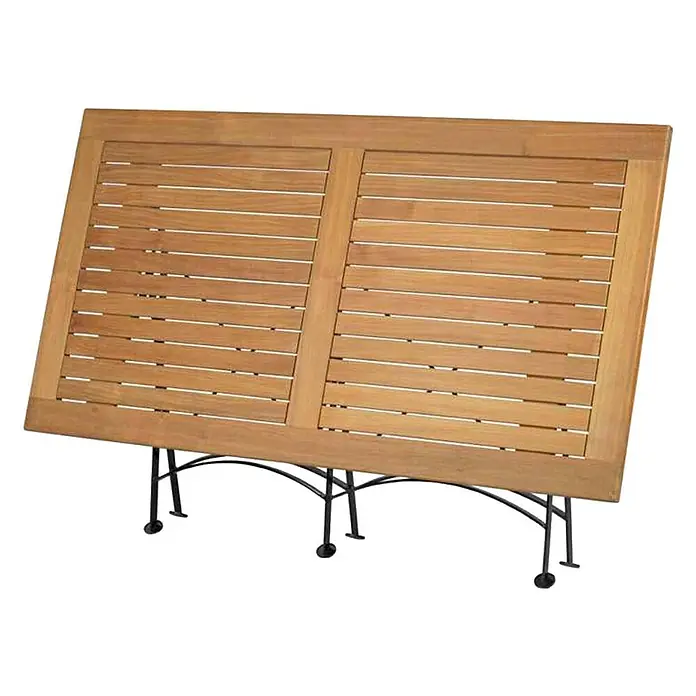 Kai Wiechmann Gartentisch - L x B x H: 180 x 90 x 72 cm, Teak, Rechteckig, Naturbelassen - Ansicht eines Gartentisches aus Holz mit Lattenrost und einem Gestell aus schwarzem Metall.