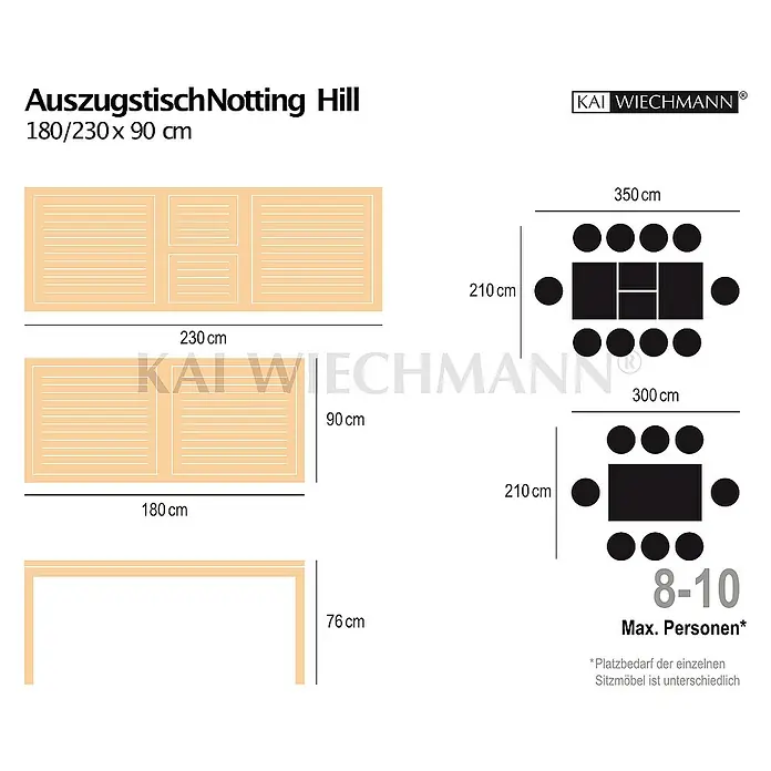 Kai Wiechmann Gartentisch - L x B x H: 180 x 90 x 76 cm, Teak, Rechteckig, Naturbelassen - Bild einer Ausziehtisch Notting Hill mit den Maßen 180/230 x 90 cm, verschiedene Ansichten und Platzbedarf für 8-10 Personen.