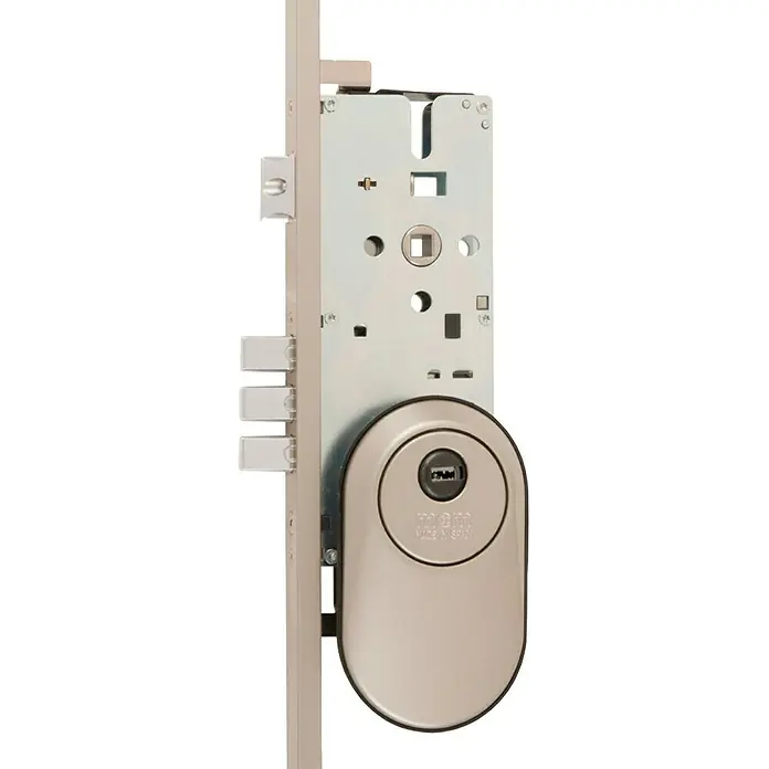 MCM Cerradura de embutir de puerta de entrada 30/30 - Esmaltado, Oro, Anchura placa: 70 mm - Detalle de una cerradura de seguridad plateada con pernos y ojo de llave.