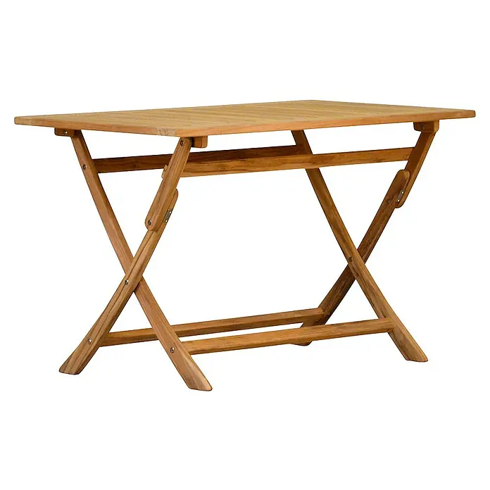 Kai Wiechmann Gartentisch - L x B x H: 120 x 70 x 75 cm, Teakholz, Rechteckig, Naturbelassen - Ein rechteckiger, klappbarer Holztisch, ideal für den Garten oder Balkon, präsentiert mit seiner natürlichen Holzmaserung.