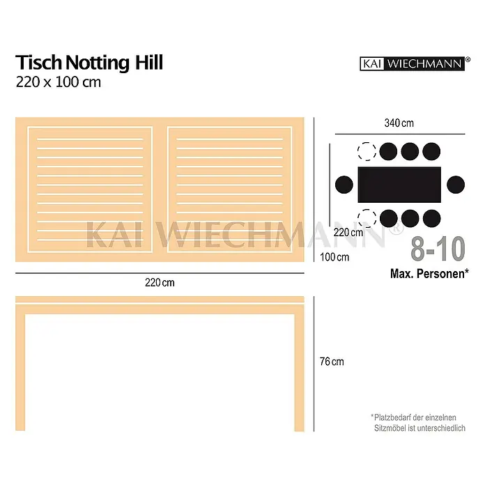 Kai Wiechmann Gartentisch - L x B x H: 220 x 100 x 76 cm, Teakholz, Rechteckig, Naturbelassen - Tisch Notting Hill mit den Maßen 220 x 100 cm, geeignet für 8-10 Personen, inklusive Maßangaben für Raumplanung.