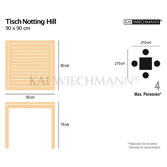 Kai Wiechmann Gartentisch - L x B x H: 90 x 90 x 76 cm, Teakholz, Quadratisch, Naturbelassen - Bild einer Skizze des Tisches Notting Hill mit Abmessungen 90 x 90 cm und einer Höhe von 76 cm, geeignet für bis zu 4 Personen.