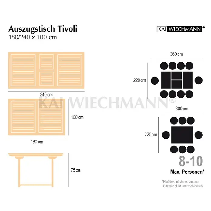 Kai Wiechmann Gartentisch - L x B x H: 180 x 100 x 75 cm, Teak, Rechteckig, Naturbelassen - Bild eines Ausziehtisches Tivoli mit Abmessungen und Kapazität für 8-10 Personen.
