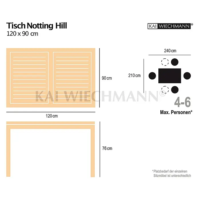 Kai Wiechmann Gartentisch - L x B x H: 120 x 90 x 76 cm, Teakholz, Rechteckig, Naturbelassen - Abbildung eines Tisches "Notting Hill" mit den Maßen 120 x 90 cm, mit Schema für 4-6 Personen und Höhenangabe.