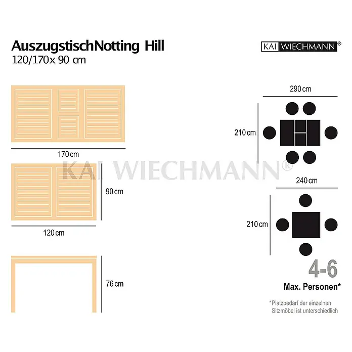 Kai Wiechmann Gartentisch - L x B x H: 120 x 90 x 76 cm, Teak, Rechteckig, Naturbelassen - Bild eines Ausziehtischs Notting Hill mit den Maßen 120/170x90 cm, der für 4-6 Personen geeignet ist.