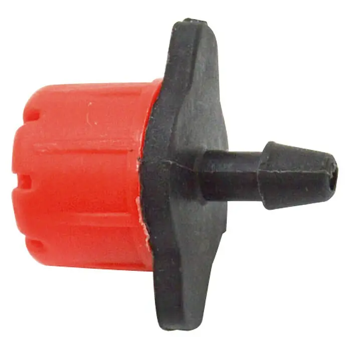 Gotero lineal regulable - 70 l/h, 25 ud. - Primer plano de un gotero de riego rojo con conector de base negro para sistemas de riego de jardín.