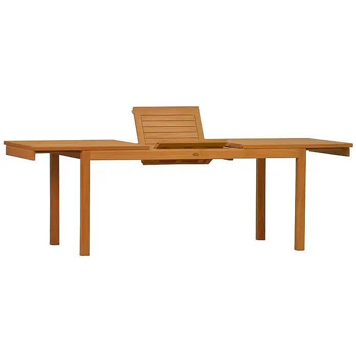 Kai Wiechmann Gartentisch - L x B x H: 165 x 90 x 76 cm, Teak, Rechteckig, Naturbelassen - Ein Teak-Esstisch, teilweise ausgezogen, mit einer eingelassenen Platte, die leicht angehoben ist und ein vielseitiges und stilvolles Design zeigt.