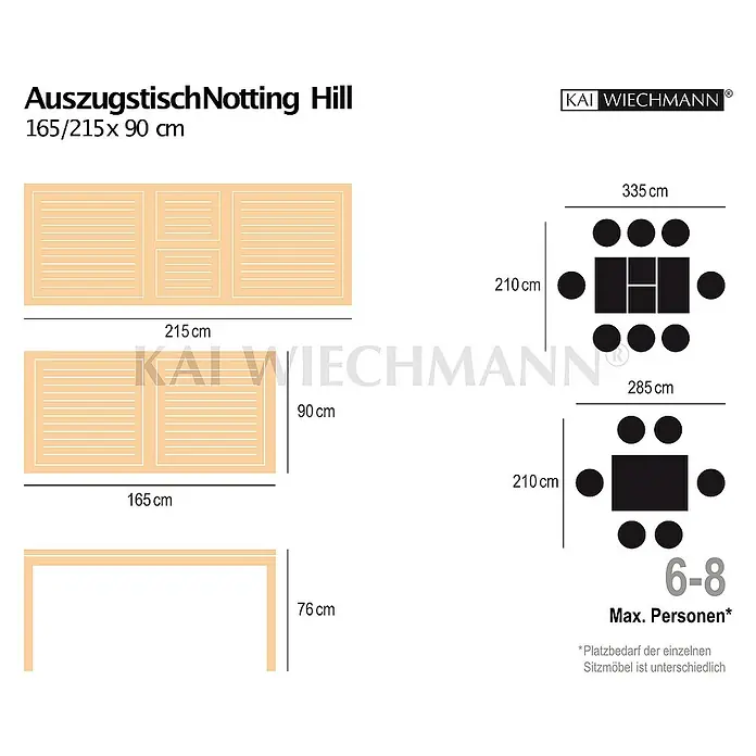 Kai Wiechmann Gartentisch - L x B x H: 165 x 90 x 76 cm, Teak, Rechteckig, Naturbelassen - Ausziehtisch Notting Hill: Abbildung zeigt die Maße des Tisches in verschiedenen Konfigurationen und die empfohlene Personenzahl.