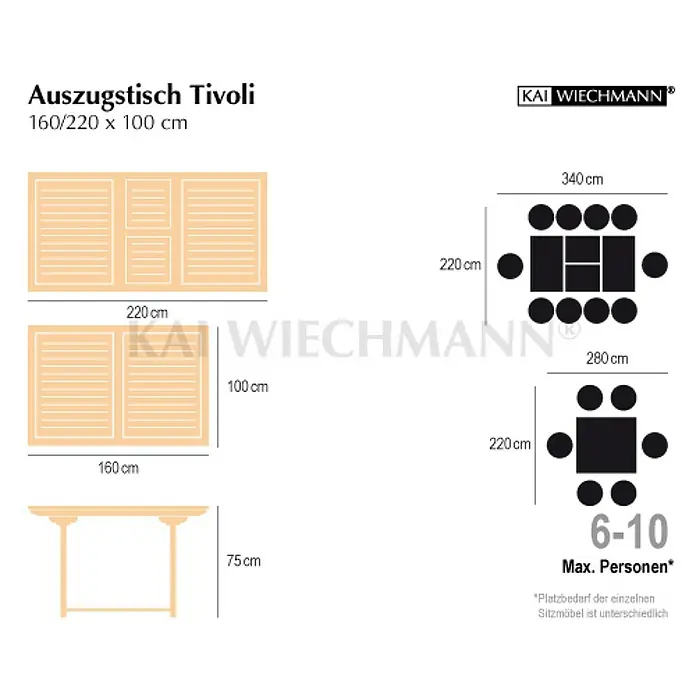 Kai Wiechmann Gartentisch - L x B x H: 160 x 100 x 75 cm, Teak, Rechteckig, Naturbelassen - Bild des "Auszugstisch Tivoli" von Kai Wiechmann, einem ausziehbaren Tisch mit den Maßen 160/220 x 100 cm, ideal für 6-10 Personen.