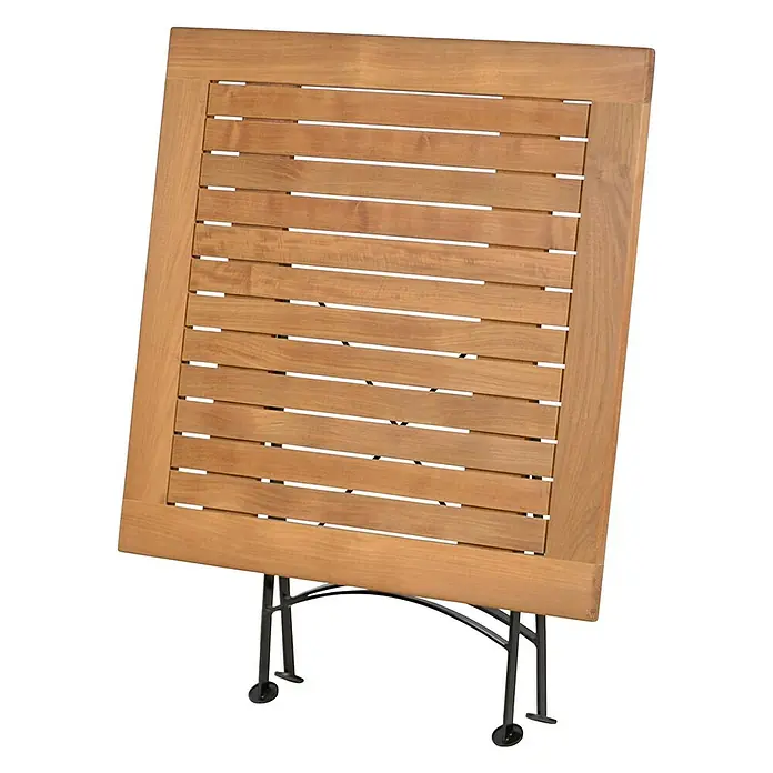 Kai Wiechmann Gartentisch - L x B x H: 80 x 80 x 72 cm, Teak, Quadratisch, Naturbelassen - Holztisch mit Lattenmuster auf einem schwarzen Metallgestell.