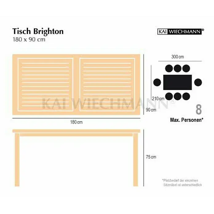Kai Wiechmann Gartentisch - L x B x H: 180 x 90 x 75 cm, Teakholz, Rechteckig, Naturbelassen - Abbildung des Brighton Tisches von Kai Wiechmann mit Maßen und Platzbedarf für bis zu 8 Personen.