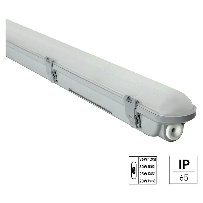 E2 elektro LED-Feuchtraumlichtleiste Multi - L x B x H: 120 x 7 x 7,3 cm, Lichtfarbe: Neutralweiß, 36 W, IP65 - Nahaufnahme einer länglichen, weißen IP65-geschützten LED-Leuchte, die für ihre Wasserbeständigkeit und variable Leistungsstufen bekannt ist.