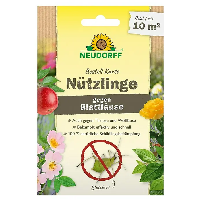 Neudorff Bestellkarte Nützlinge - Blattläuse, Max. Anwendungsfläche: 10 m² - Bestell-Karte Nützlinge gegen Blattläuse von Neudorff, ideal zur Schädlingsbekämpfung auf bis zu 10 m² Fläche. Bekämpft Thripse & Wollläuse effektiv.