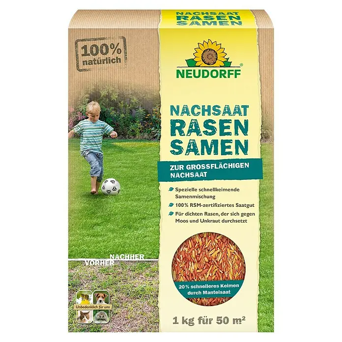Neudorff Nachsaat-Rasen - 1 kg, 50 m² - Produktbild: Neudorff Nachsaat Rasensamen für eine großflächige Nachsaat, 1 kg für 50 m².