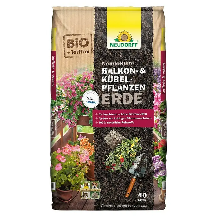 Neudorff NeudoHum Pflanzerde Balkon- & KübelpflanzenErde - 40 l - Abbildung einer Packung NeudoHum Balkon- & Kübelpflanzen Erde, torffrei und vegan, für leuchtende Blüten und kräftiges Wachstum.