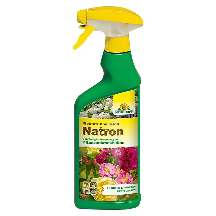 Neudorff BioKraft Grundstoff Natron - 500 ml - Produktfoto von Neudorff Natron BioKraft Grundstoff, einem Mittel zur Bekämpfung von Pflanzenkrankheiten in einer grünen Sprühflasche mit gelbem Sprühkopf.