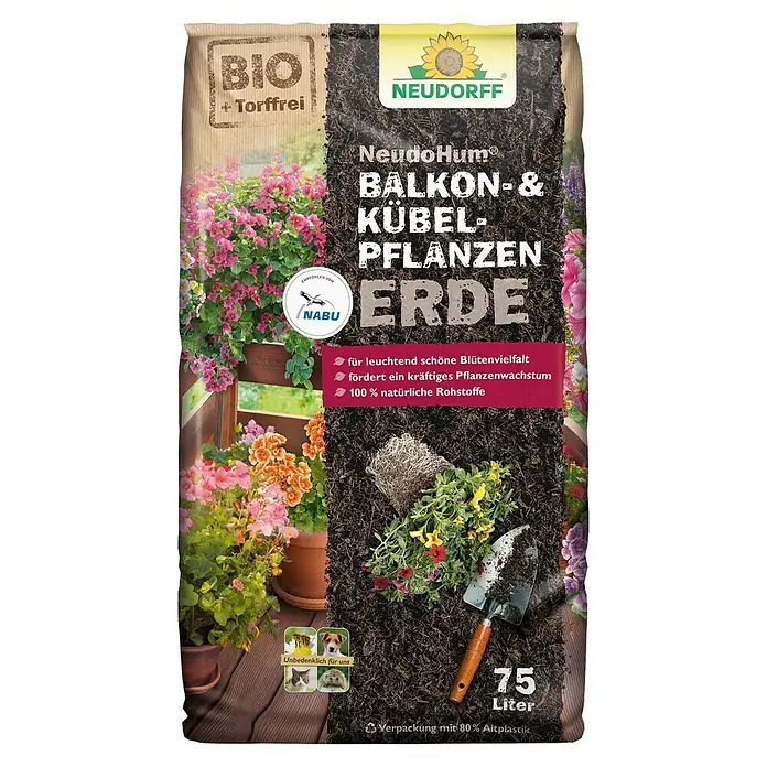 Neudorff NeudoHum Kübelpflanzenerde - 75 l, Torffrei - Abbildung einer Packung NeudoHum Balkon- & Kübelpflanzen Erde. Bio-Qualität, torffrei und empfohlen von NABU. Inhalt: 75 Liter.