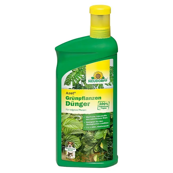 Neudorff Azet Grünpflanzendünger - 1 l - Das Produkt ist ein grüner "Azet Grünpflanzen Dünger" von Neudorff, ein veganer und organischer Flüssigdünger für Zimmerpflanzen.