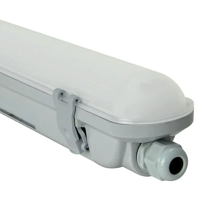 E2 elektro LED-Feuchtraumlichtleiste Multi - L x B x H: 120 x 7 x 7,3 cm, Lichtfarbe: Neutralweiß, 36 W, IP65 - Nahaufnahme einer länglichen, wasserdichten LED-Leuchte in Grau und Weiß, ideal für den Außenbereich und Feuchträume.