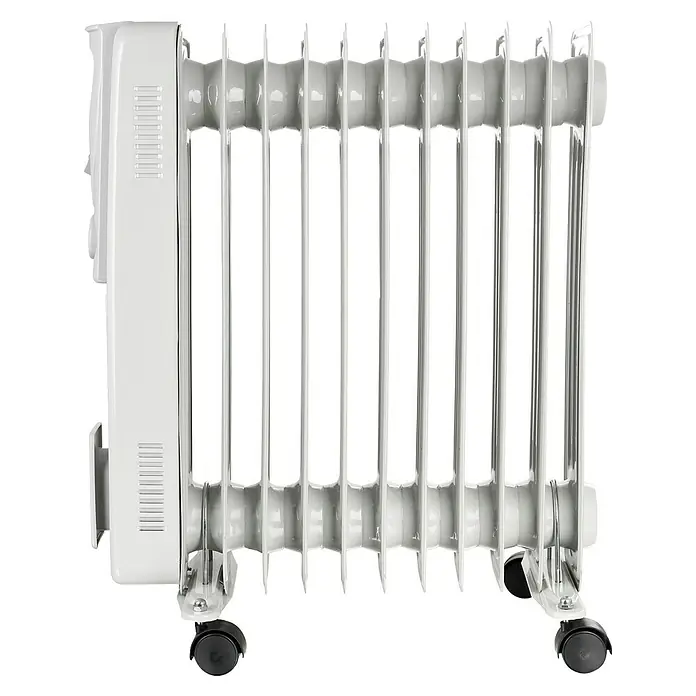 Emerio Ölradiator - 2.500 W, Raumgröße bis ca. 25 m², Weiß - Ein weißer, tragbarer Ölradiator mit mehreren Heizrippen und einem Bedienfeld an der Seite, ideal für zusätzliche Wärme.