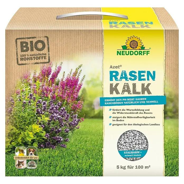 Neudorff Azet Gartenkalk - 5 kg - Das Produkt ist Rasenkalk von Neudorff, ein organisches Produkt zur Verbesserung des pH-Werts von Rasenböden, staubarm und schnell löslich.