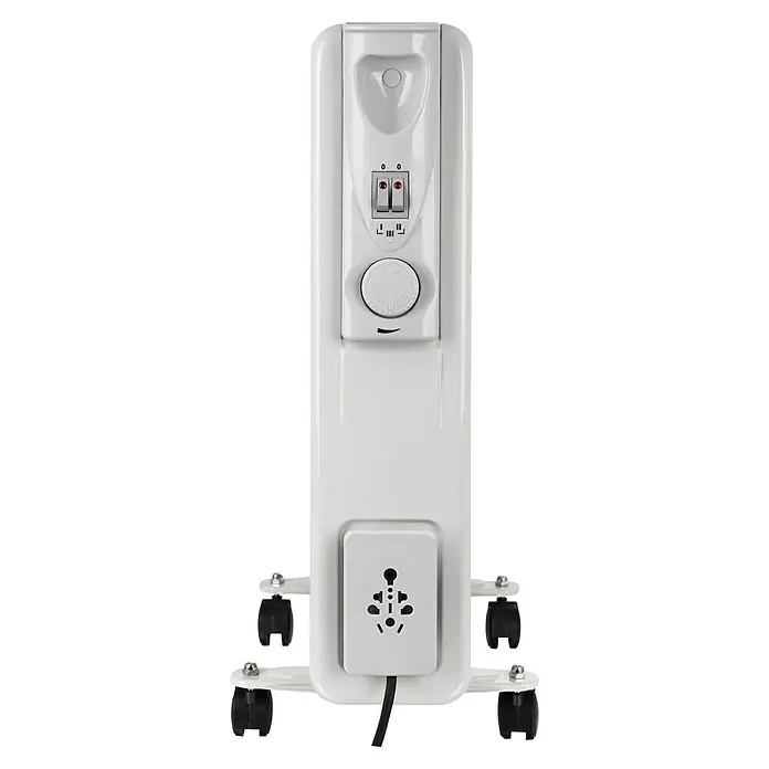 Emerio Ölradiator - 2.500 W, Raumgröße bis ca. 25 m², Weiß - Nahaufnahme eines weißen Heizkörpers mit Bedienelementen und Universalsteckdose, ideal für gemütliche Wärme.
