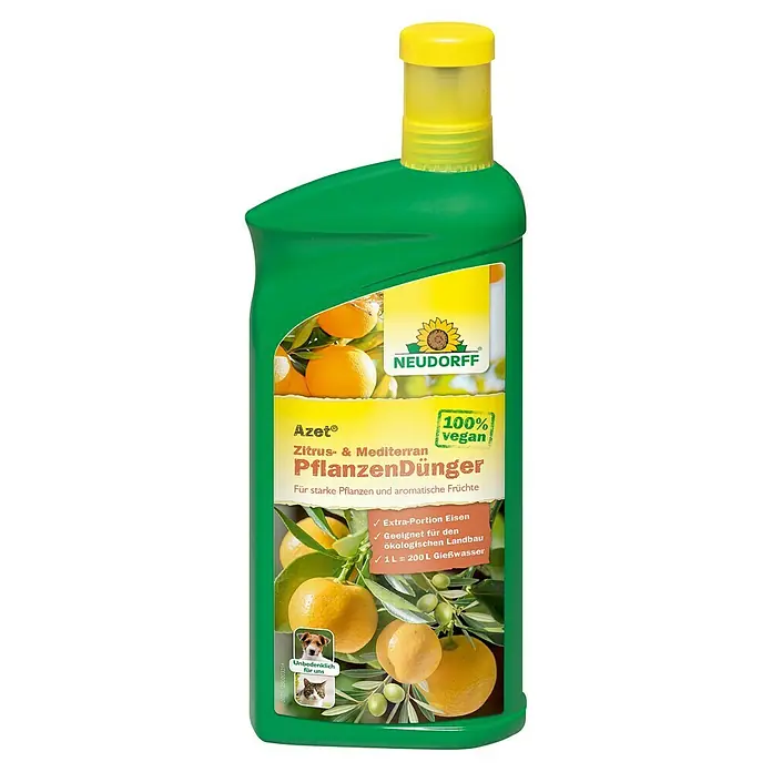 Neudorff Azet Zitrusdünger Zitrus- & Mediterranpflanzen - 1 l - Neudorff Azet Zitrus- & Mediterran Pflanzendünger, ein veganer Dünger für starke Pflanzen und aromatische Früchte mit Extra-Portion Eisen.