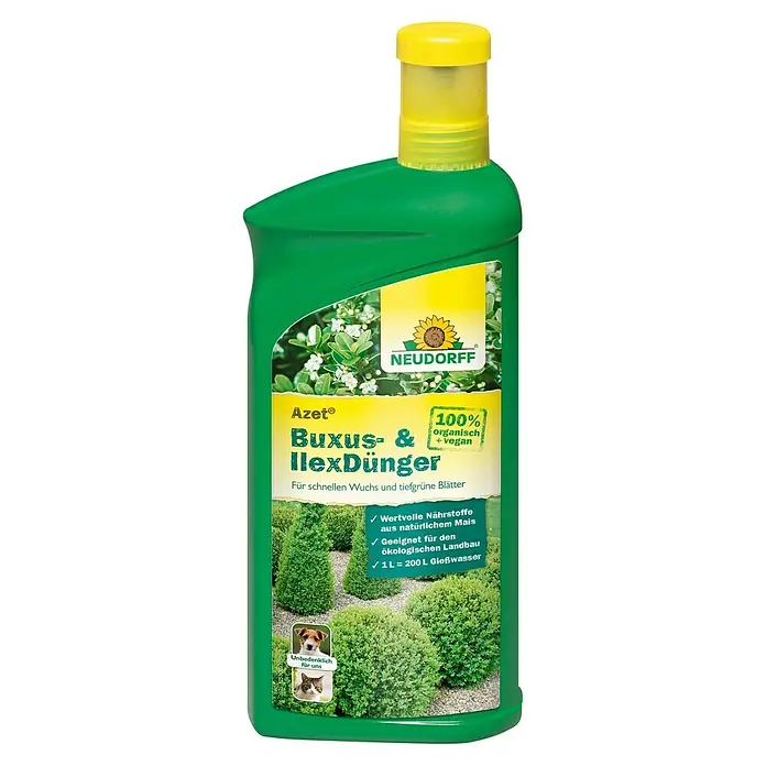 Neudorff Azet Buchsbaumdünger Buxus- & IlexDünger - 1 l - Produktfoto von Neudorff Azet Buxus- und Ilexdünger, einem organischen und veganen Dünger für schnelles Wachstum und tiefgrüne Blätter.
