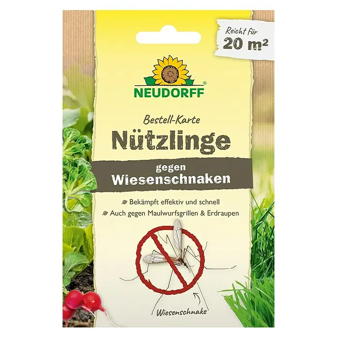 Neudorff Bestellkarte Nützlinge - Wiesenschnaken, Max. Anwendungsfläche: 20 m² - Produktabbildung der Neudorff Nützlinge Bestell-Karte gegen Wiesenschnaken, die eine effektive und schnelle Bekämpfung verspricht.
