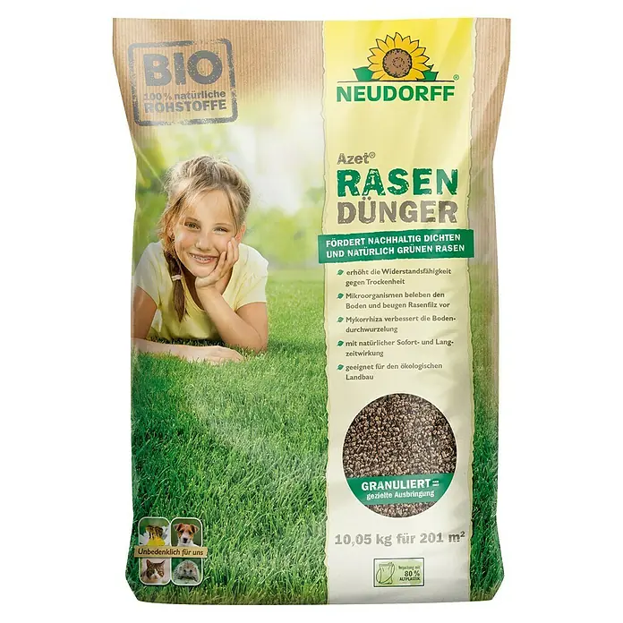 Neudorff Azet Rasendünger - 10,05 kg, Max. Anwendungsfläche: 201 m² - Bild einer Packung Neudorff Azet Rasendünger, ein Bio-Rasendünger für einen nachhaltig dichten und natürlich grünen Rasen.