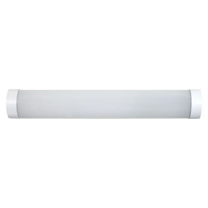 E2 elektro LED-Lichtleiste Systeme eme² - 15 W, L x B x H: 50 x 7,7 x 3,5 cm, Warmweiß - Eine moderne, längliche Badezimmerleuchte mit einem schlanken, weißen Design, das elegantes Licht spendet.