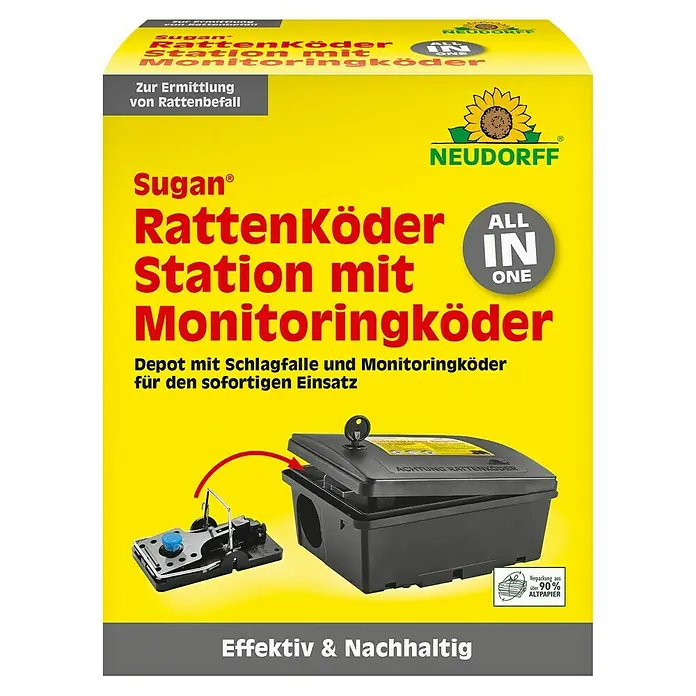 Neudorff Sugan Rattenfalle Köderstation & Duftköder - Schlagfalle, Metall - Die Sugan Rattenköder Station mit Monitoringköder, eine effektive und nachhaltige Lösung zur Rattenbekämpfung.
