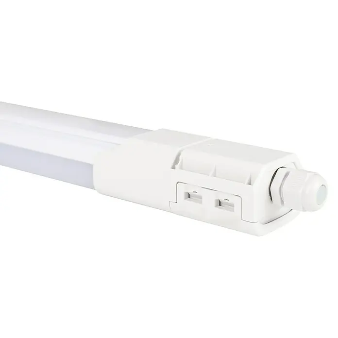E2 elektro LED-Feuchtraumlichtleiste Plus - L x B x H: 149,5 x 5,2 x 4,1 cm, Lichtfarbe: Neutralweiß, 60 W, IP65 - Nahaufnahme einer weißen LED-Leuchte mit sichtbarem Anschlusskasten, ideal für moderne Beleuchtungskonzepte und energieeffiziente Lösungen.