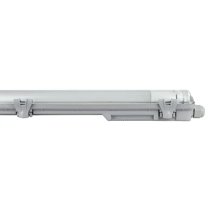 E2 elektro LED-Feuchtraumlichtleiste Classic - L x B x H: 128,3 x 7,5 x 5,2 cm, Lichtfarbe: Neutralweiß, 18 W, IP65 - Eine graue, längliche Feuchtraumleuchte mit Befestigungsclips. Ideal für Umgebungen mit hoher Luftfeuchtigkeit.