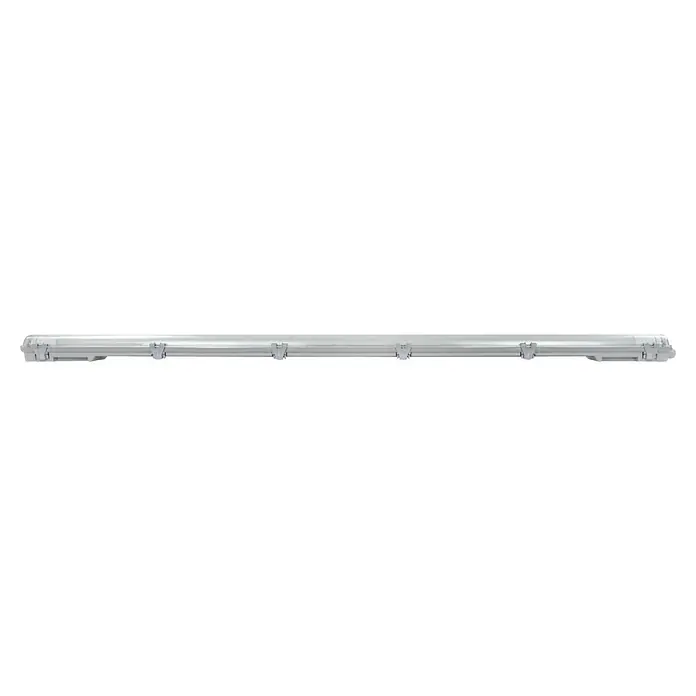E2 elektro LED-Feuchtraumlichtleiste Classic - L x B x H: 126,8 x 8,8 x 5,2 cm, Lichtfarbe: Neutralweiß, 36 W, IP65 - Detailaufnahme eines modernen, silberfarbenen Kühlkörpers mit präzisen Kühlrippen für optimale Wärmeableitung.