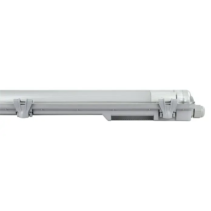 E2 elektro LED-Feuchtraumlichtleiste Classic - L x B x H: 126,8 x 8,8 x 5,2 cm, Lichtfarbe: Neutralweiß, 36 W, IP65 - Nahaufnahme einer grauen Feuchtraumleuchte, ideal für Umgebungen, in denen Spritzwasser und Feuchtigkeit eine Rolle spielen.